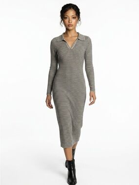 a new day Black and White Striped Long Sleeve Polo Midi Dress
